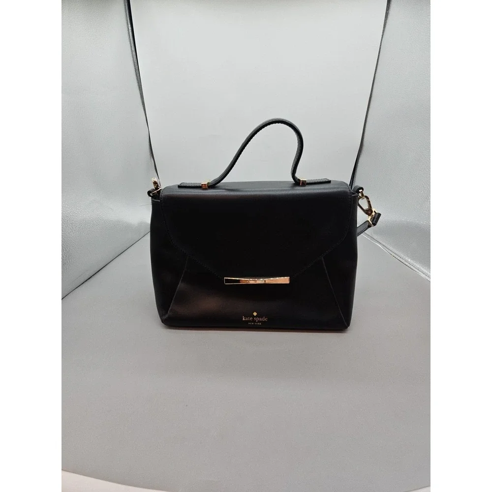 Kate Spade New York Womens Black Leather Flap Medium Satchel Bag Handbag